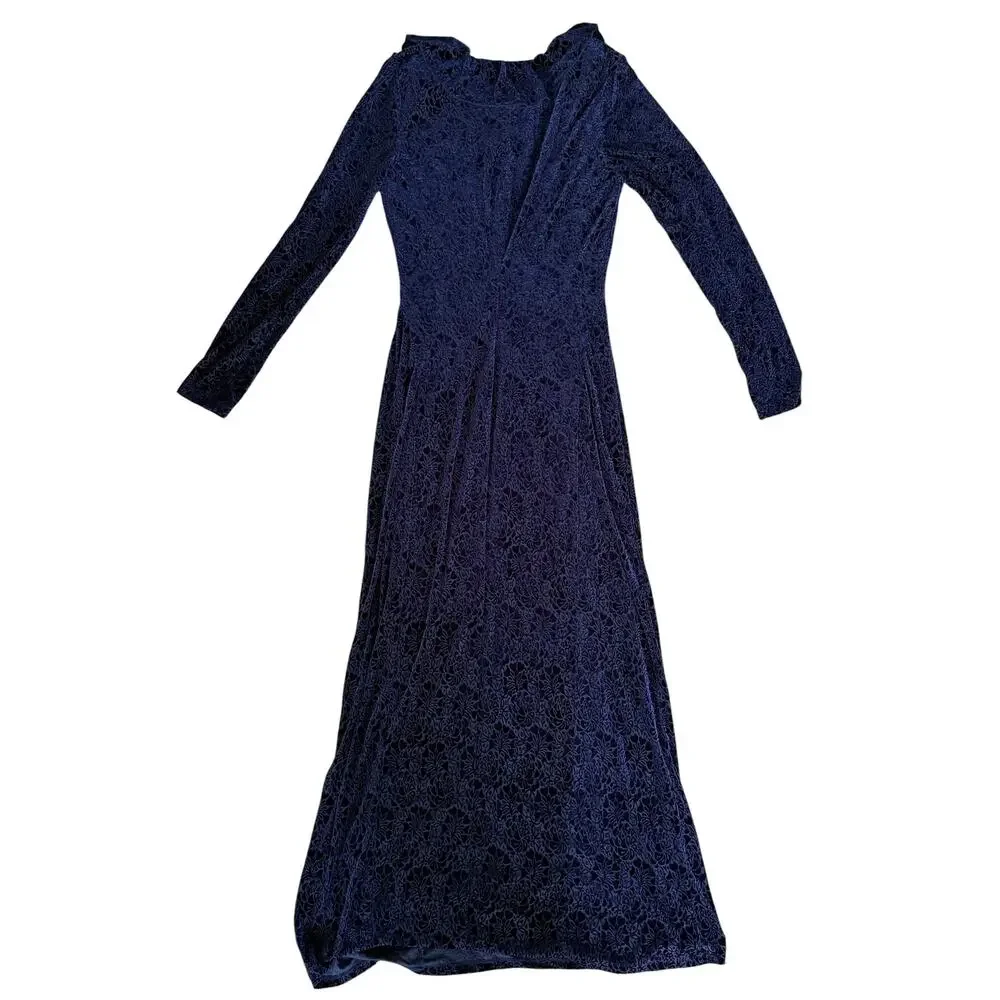 Anthropologie Blue Velvet Ruched Maxi Dress Size Med Ruffle Bodycon Formal - Picture 4 of 15